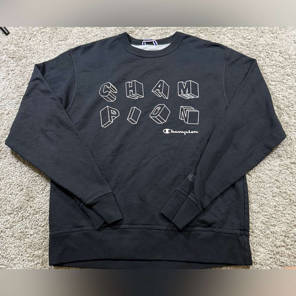 Mens Champion Crew Neck‎ Sweatshirt Block Logo Streetwear Black Spellout Medium